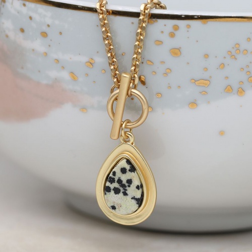 Matte Gold Dalmatian Jasper Teardrop T-bar Necklace by Peace of Mind